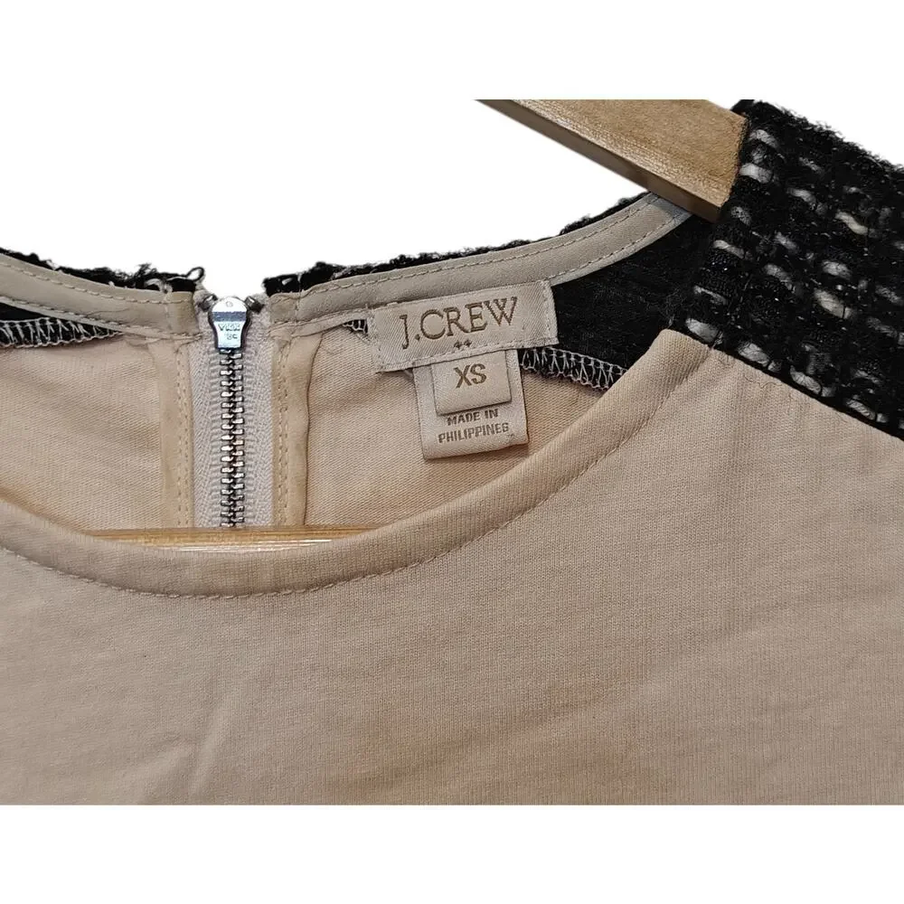J.Crew Cream Top Black Tweed Short Sleeves Back Zip Blouse XS